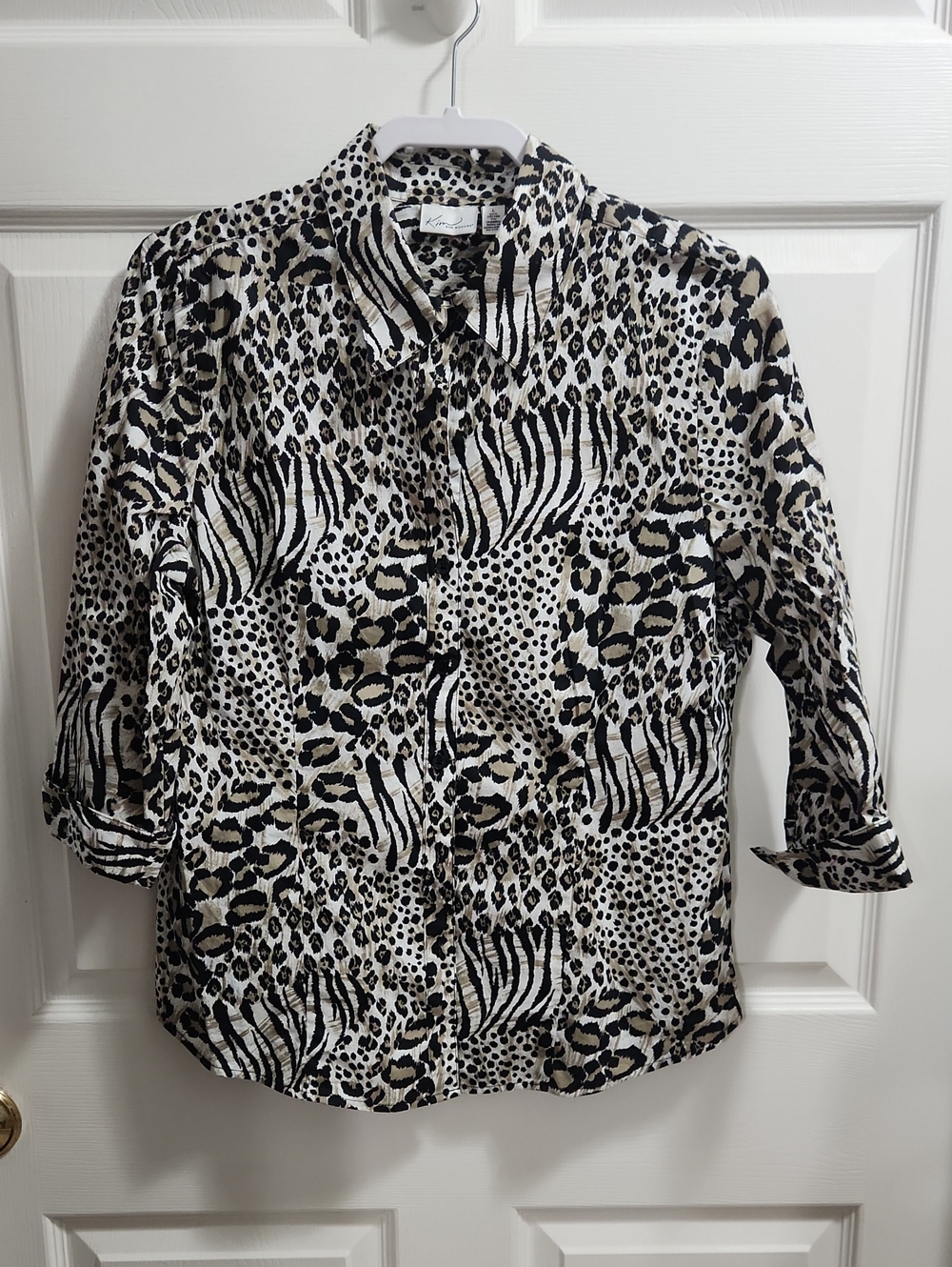 Kim Rogers Black Cream Animal-Print Button Front Blouse